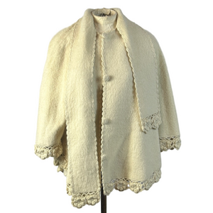 Mon Reposa handmade alpaca wool cape Cream Color Crochet Trim gently worn S/M